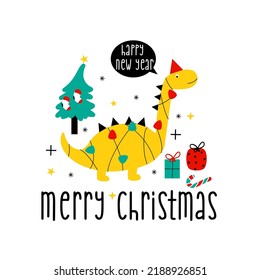 Cute dinosaur and merry Christmas slogan. Vector illustration design for fashion fabrics, textile graphics, cards and posters prints.