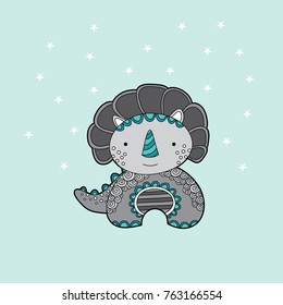 Cute dinosaur multi-coloured vector illustration on a pale green background with stars.