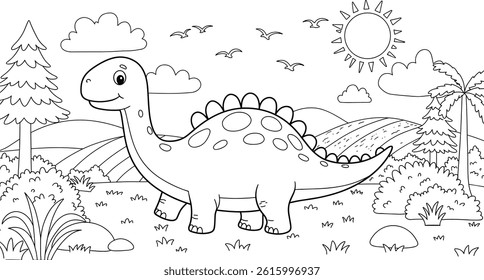 cute dinosaur in nature coloring page for children. you can print it on standard 