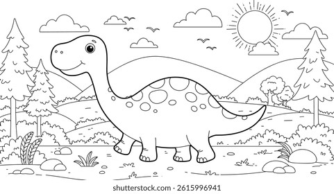 cute dinosaur in nature coloring page for children. you can print it on standard 