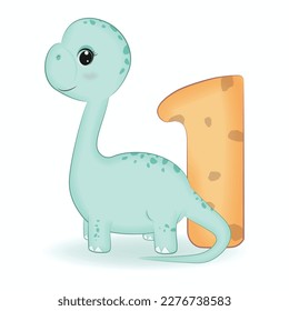 Cute Dinosaur with number 1, cartoon illustration