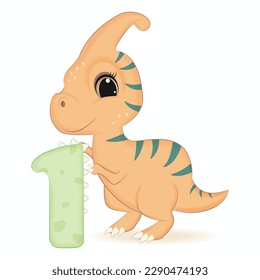 Cute Dinosaur with number 1, Primeval animal cartoon illustration