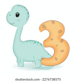 Cute Dinosaur with number 3, cartoon illustration