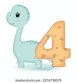 Dinosaurio lindo con número 4, ilustración de caricatura