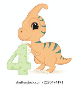 Dinosaurio lindo con número 4, ilustración de caricatura animal de Primeval