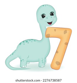 Cute Dinosaur with number 7, cartoon illustration