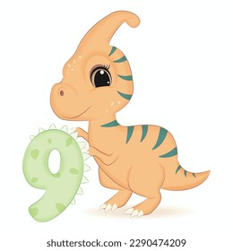 Dinosaurio lindo con número 9, ilustración de caricatura animal de Primeval