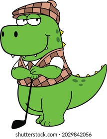 A Cute Dinosaur With Old Fashioned Costumes Leaning On Its Golf Club