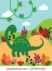 Cute dinosaur on the background of grass and flowers.