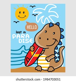 cute dinosaur on the beach funny animal cartoon