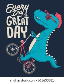 Cute Dinosaur On Bicycle. Vector T Shirt Graphic Design For Kids