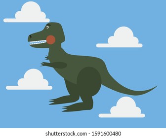Cute dinosaur on the blue background with white clouds. Drawing of green adorable T-Rex dinosaur with blushing cheeks that is set on the blue-sky background with white clouds flying by.
