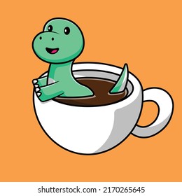 Cute Dinosaur On Coffee Cup Cartoon Vector Icon Illustration. People Icon Concept Isolated Premium Vector.