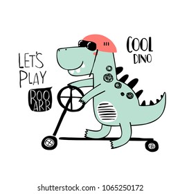 Cute dinosaur on a kick scooter. T-shirt graphics for kids vector illustration. Cool dino.