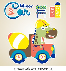 Cute dinosaur on mixer truck with construction elements, vector cartoon illustration