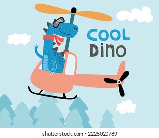 cute dinosaur on a plane.  Cartoon vector illustration.