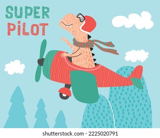 süßer Dinosaurier im Flugzeug.  Cartoon, Vektorgrafik.