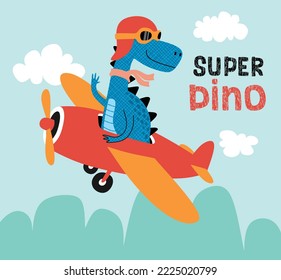 cute dinosaur on a plane.  Cartoon vector illustration.