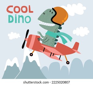 cute dinosaur on a plane.  Cartoon vector illustration.