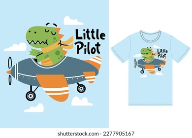 Cute dinosaur on a plane illustration with tshirt design premium vector the Concept of Isolated Technology. Flat Cartoon Style Suitable for Landing Web Pages,T shirt, Flyers, Stickers