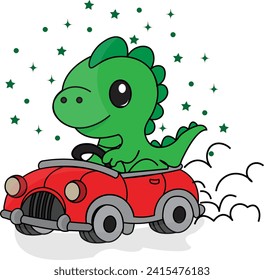 Un lindo dinosaurio en un auto rojo