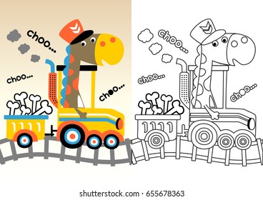 Cute dinosaur on steam train loading bones, vector cartoon, coloring book or page