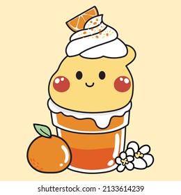 Cute dinosaur with orange juice and flower.Animal character cartoon.Graphic design.Fruit.Beverage.Summer.Fresh.Kawaii.Vector.Illustration.