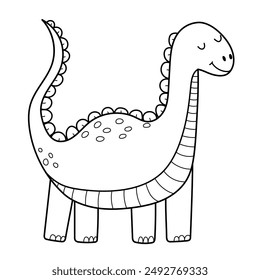 Cute dinosaur in outline isolated on white background. A long neck funny dino character in outline for coloring. Vector illustration