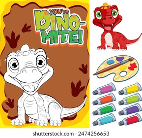 Cute dinosaur with painting supplies