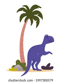 Cute dinosaur, palm and plants. Prehistoric jurrasic period wild fauna. Vector illustration in flat style