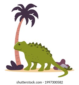 Cute dinosaur, palm and plants. Prehistoric jurrasic period wild fauna. Vector illustration in flat style