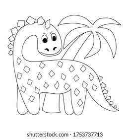 Cute dinosaur with a palm tree drawn in doodle style. Vector outline illustration isolated on white background. Coloring book page, motor development, postcard, textile printing.