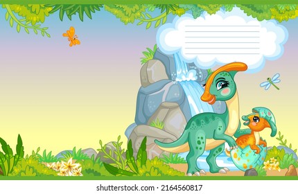 Cute dinosaur parasaurolophus with a baby. Children cartoon background. Vector illustration. Cover page template layout. Applicable for notebooks, planners, brochures, books, catalogs.Two-page cover.