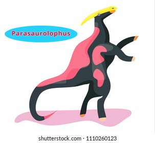 Cute dinosaur parasaurolophus.Flat cartoon illustration.parasaurolophus-herbivorous dinosaur with name. Herbivorous dinosaur of Jurassic period.Extinct animal. Paleontology animal.Parasaurolophus.