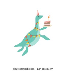 Cute Dinosaur in Party Hat with Birthday Cake, Funny Colorful Dino Character, Happy Birthday Party Design Element Vector Illustration