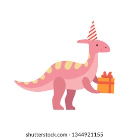 Cute Dinosaur in Party Hat Holding Gift Box, Funny Colorful Dino Character, Happy Birthday Party Design Element Vector Illustration