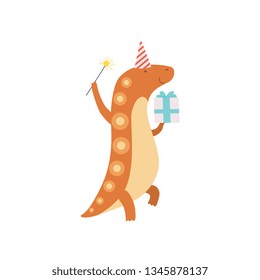 Cute Dinosaur in Party Hat with Magic Wand and Gift Box, Funny Colorful Dino Character, Happy Birthday Party Design Element Vector Illustration