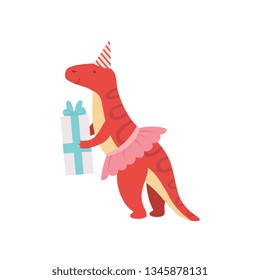 Cute Dinosaur in Party Hat and Pink Skirt, Funny Colorful Dino Character with Gift Box, Happy Birthday Party Design Element Vector Illustration