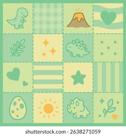 Cute dinosaur patchwork pattern in pastel green tones with volcano, stars, eggs, hearts. Perfect for baby products, nursery decor, kids’ fabrics, seamless backgrounds, scrapbooking. Flat vector 