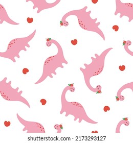 Cute dinosaur pattern. Childish seamless print with cute little dino girl for kids textile, wrapping paper, wallpaper, apparel. Vector illustration