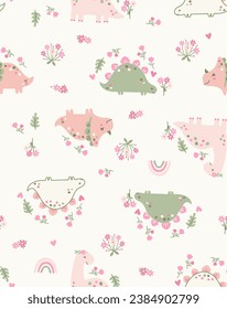 Cute dinosaur pattern, Dino friends, Baby dinosaur pattern, Cute dinosaur with rainbow, Dinosaur with flowers