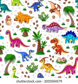 Cute dinosaur pattern. Dino surface, kids textile fashion print. Animals childhood background. Cartoon dinosaurs and palms garish vector seamless texture