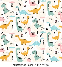 Cute dinosaur pattern - hand drawn childish dinosaur seamless pattern design