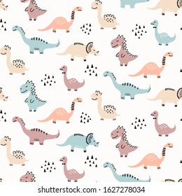 Cute dinosaur pattern - hand drawn childish dinosaur seamless pattern design