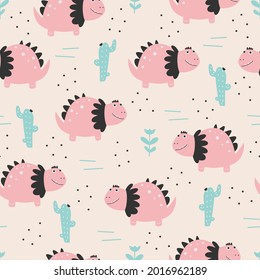 Cute dinosaur pattern - hand drawn childish dinosaur seamless pattern design. Vector illustration