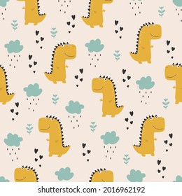 Cute dinosaur pattern - hand drawn childish dinosaur seamless pattern design. Vector illustration