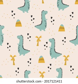 Cute dinosaur pattern - hand drawn childish dinosaur seamless pattern design. Vector illustration