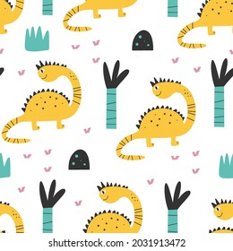 Cute dinosaur pattern - hand drawn childish dinosaur seamless print design Digital paper Vector illustration