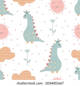 Cute dinosaur pattern - hand drawn childish dinosaur seamless pattern design. Vector illustration Digital paper