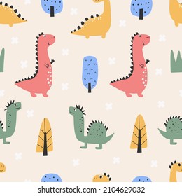 Cute dinosaur pattern - hand drawn childish dinosaur seamless pattern design. Vector illustration